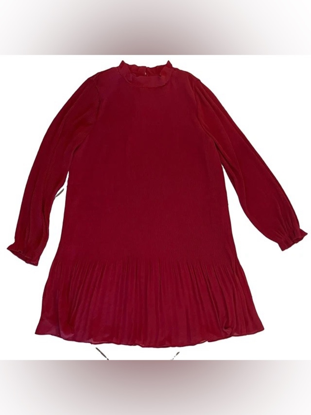 H&M Deep Red Long-Sleeve Pleated Hem Dress